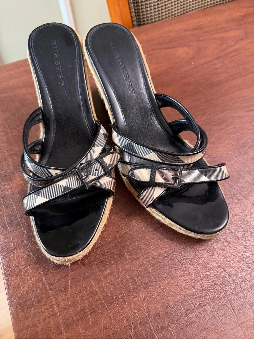 Burberry Black with Beige Check Espadrille Slide Sandals